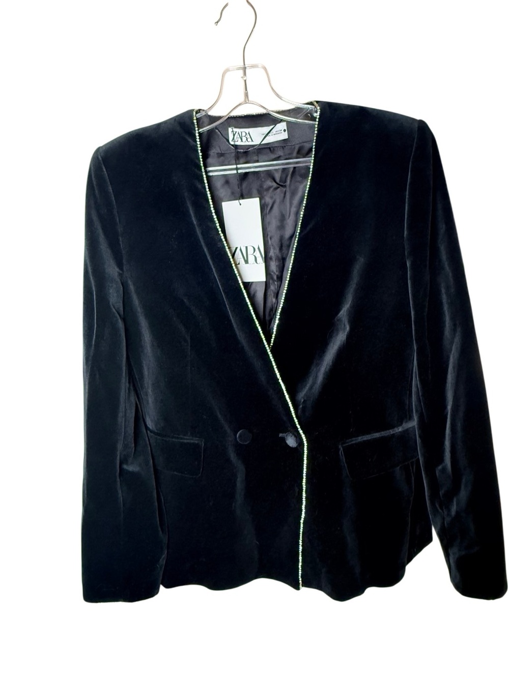 NWT Zara Black Velvet Blazer with Silver rhinestone Piping size Large - Picture 3 of 9